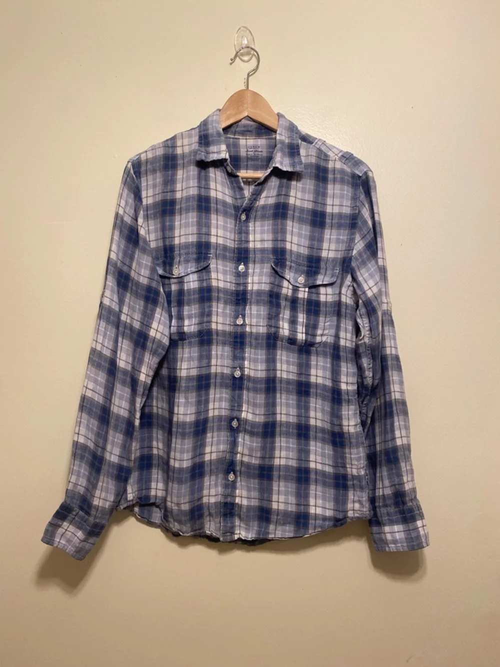 J. Crew Irish Linen Blue and White Plaid Button-Down Shirt. Size M.